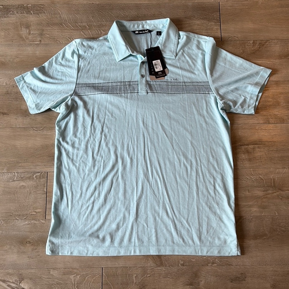 BNWT Travis Mathew Blue Polo Golf Shirt with Stripe Design Size XL ptp 23.5”